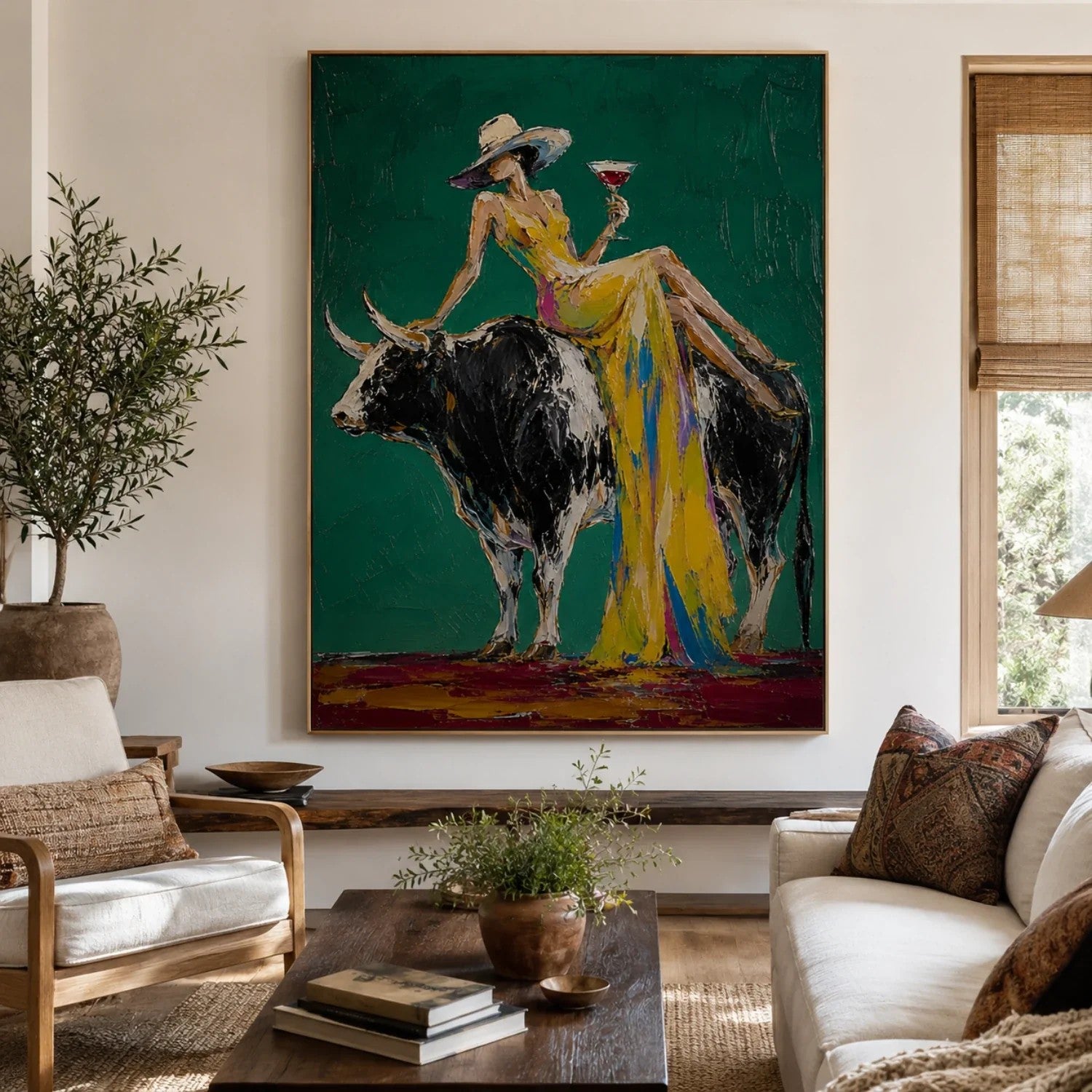 Woman Riding Bull on Emerald Wall Art
