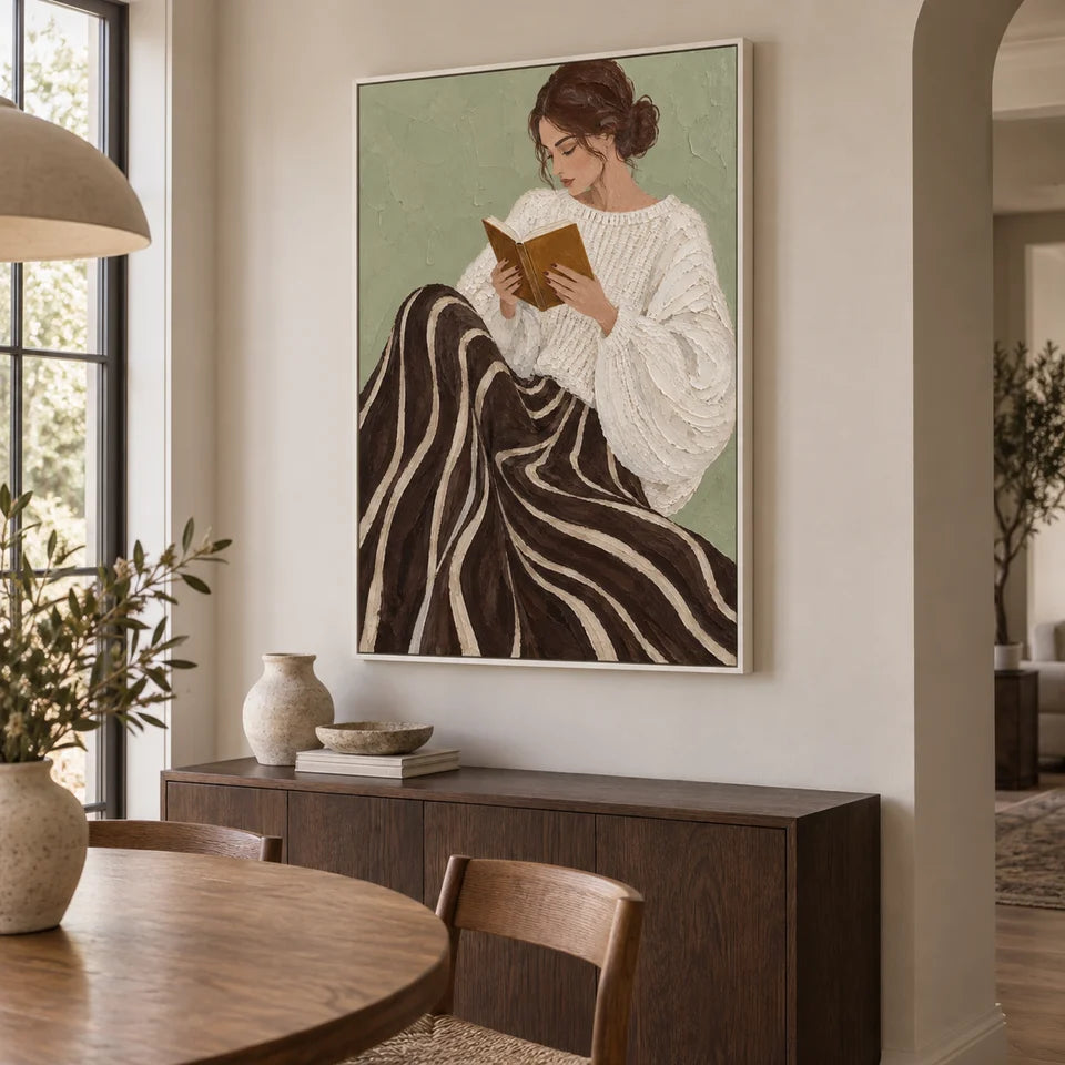 Textured Reading Woman in Swirl Skirt Wall Art
