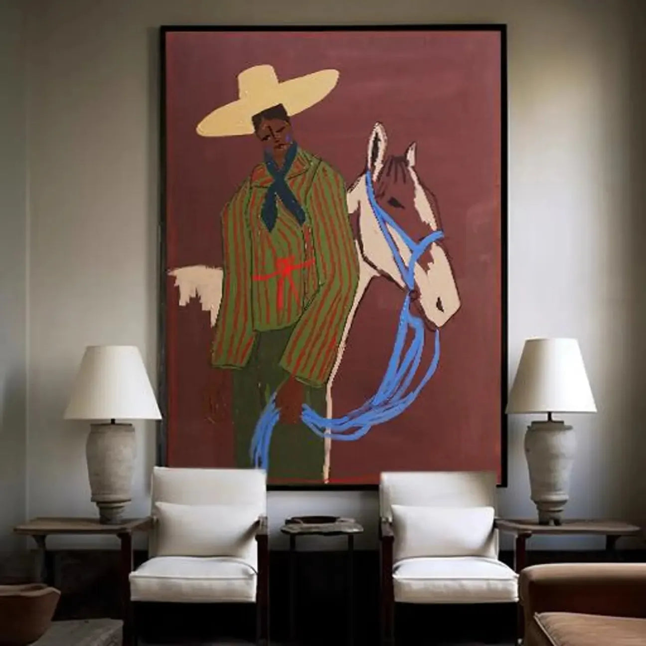 Naive Art Striped Rider with Horse Wall Art