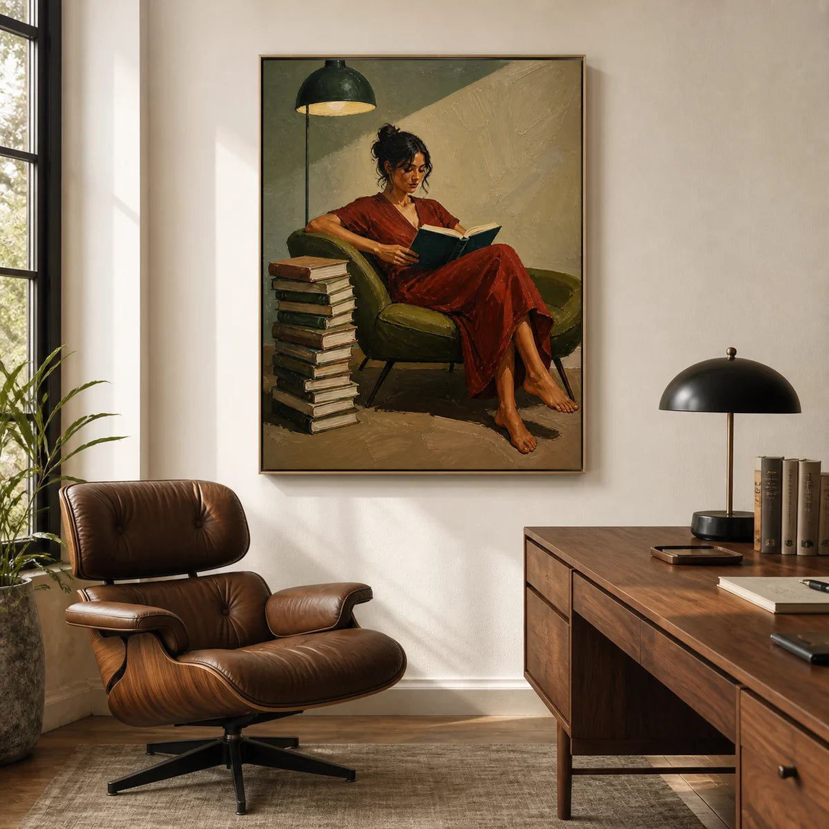Textured Reading Woman in Red Wall Art