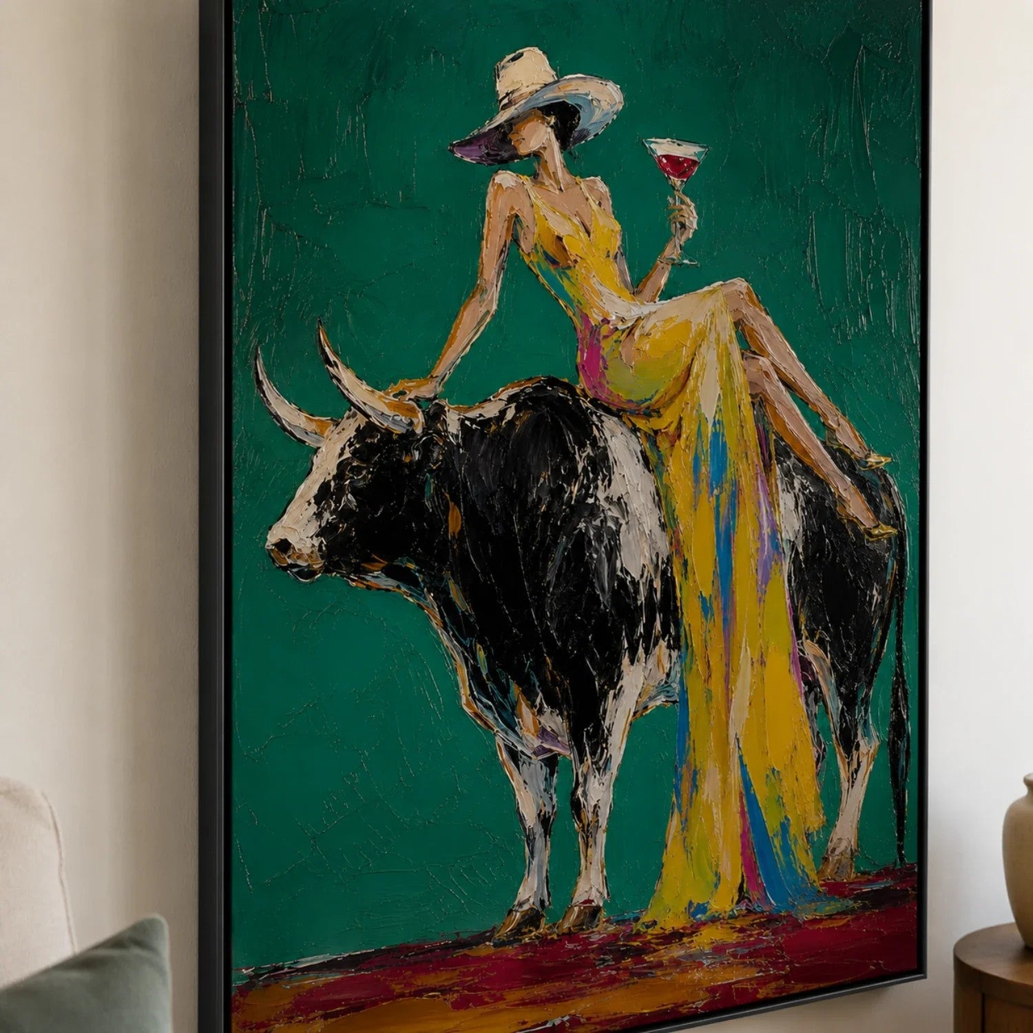 Woman Riding Bull on Emerald Wall Art