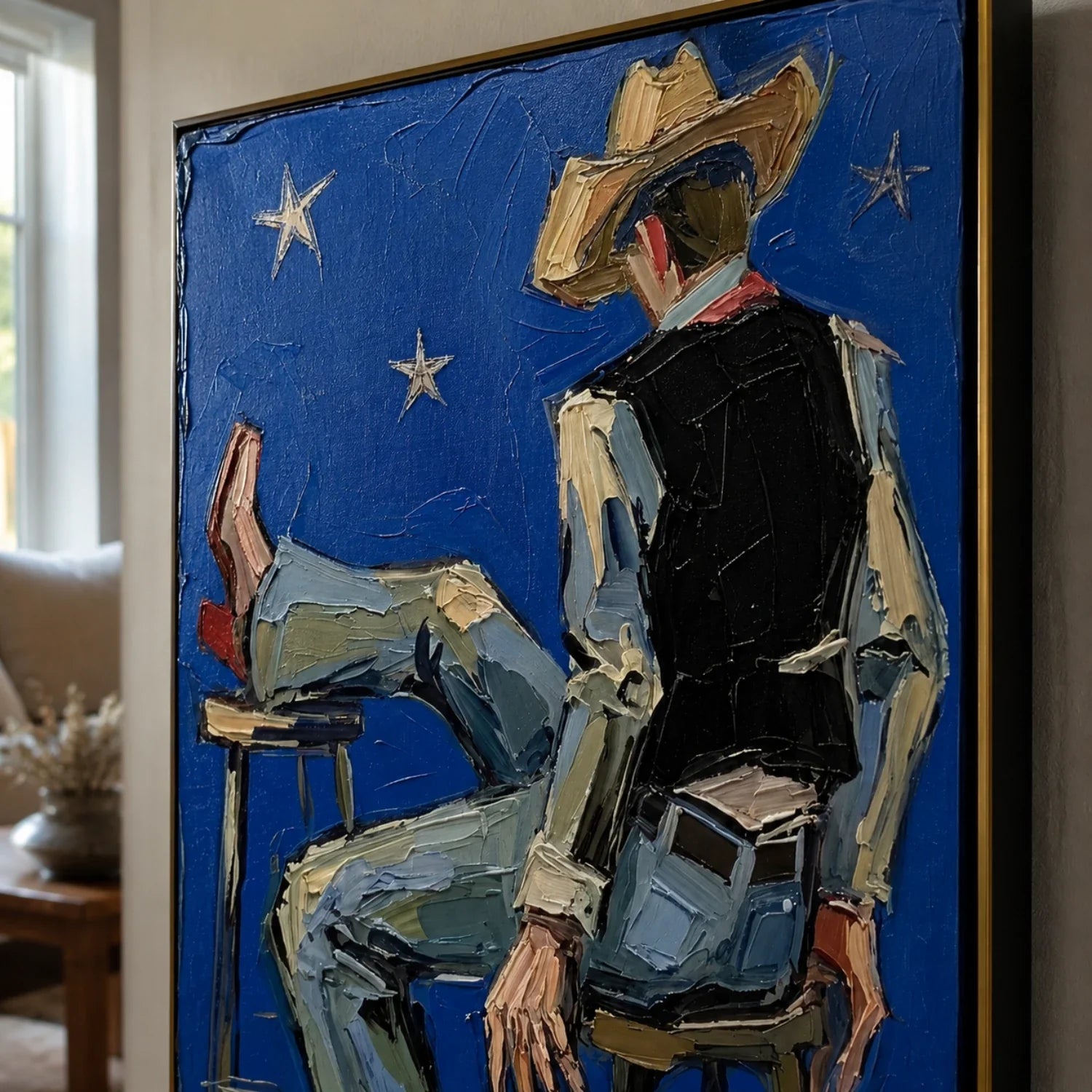 Impasto Cowboy on Blue Night Wall Art
