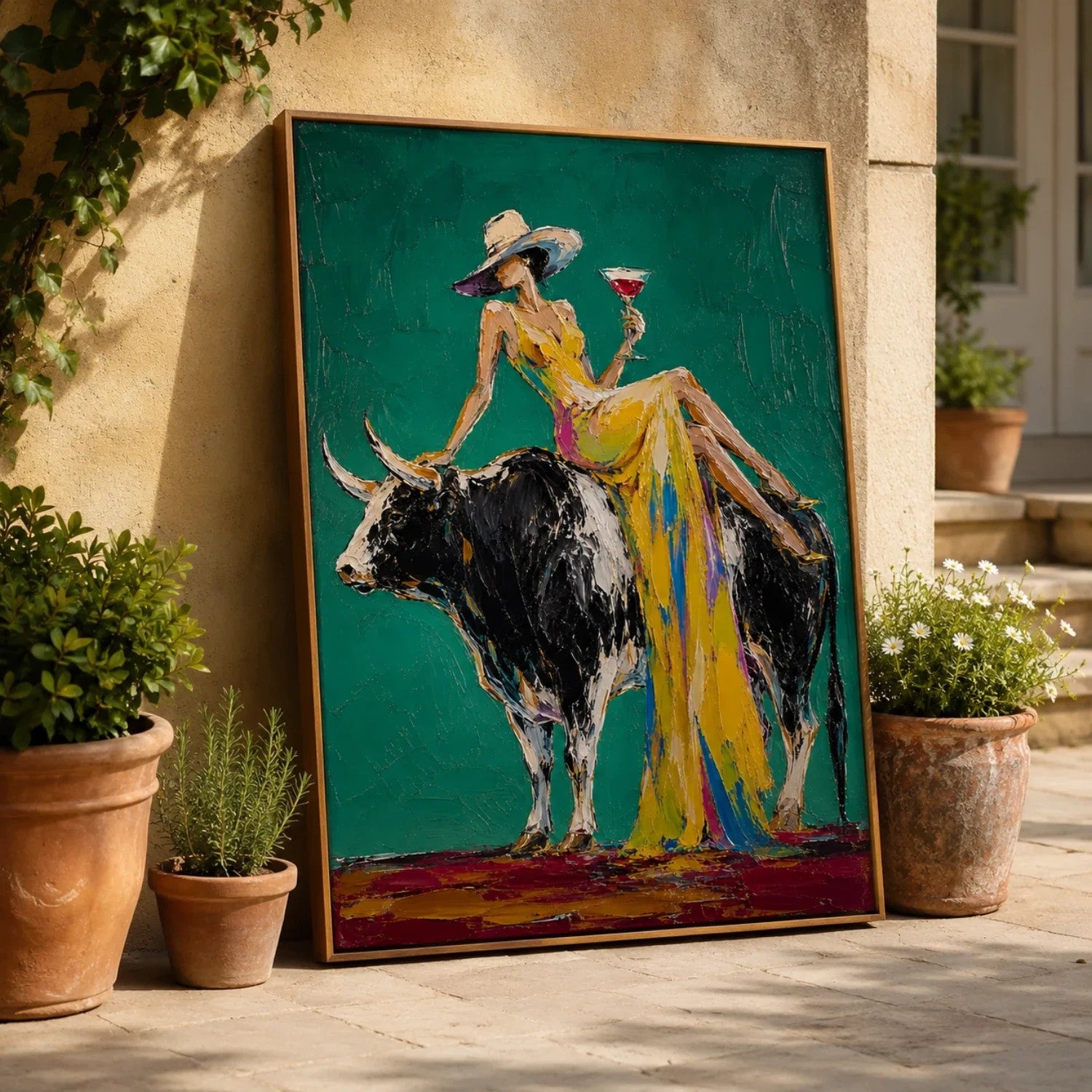 Woman Riding Bull on Emerald Wall Art