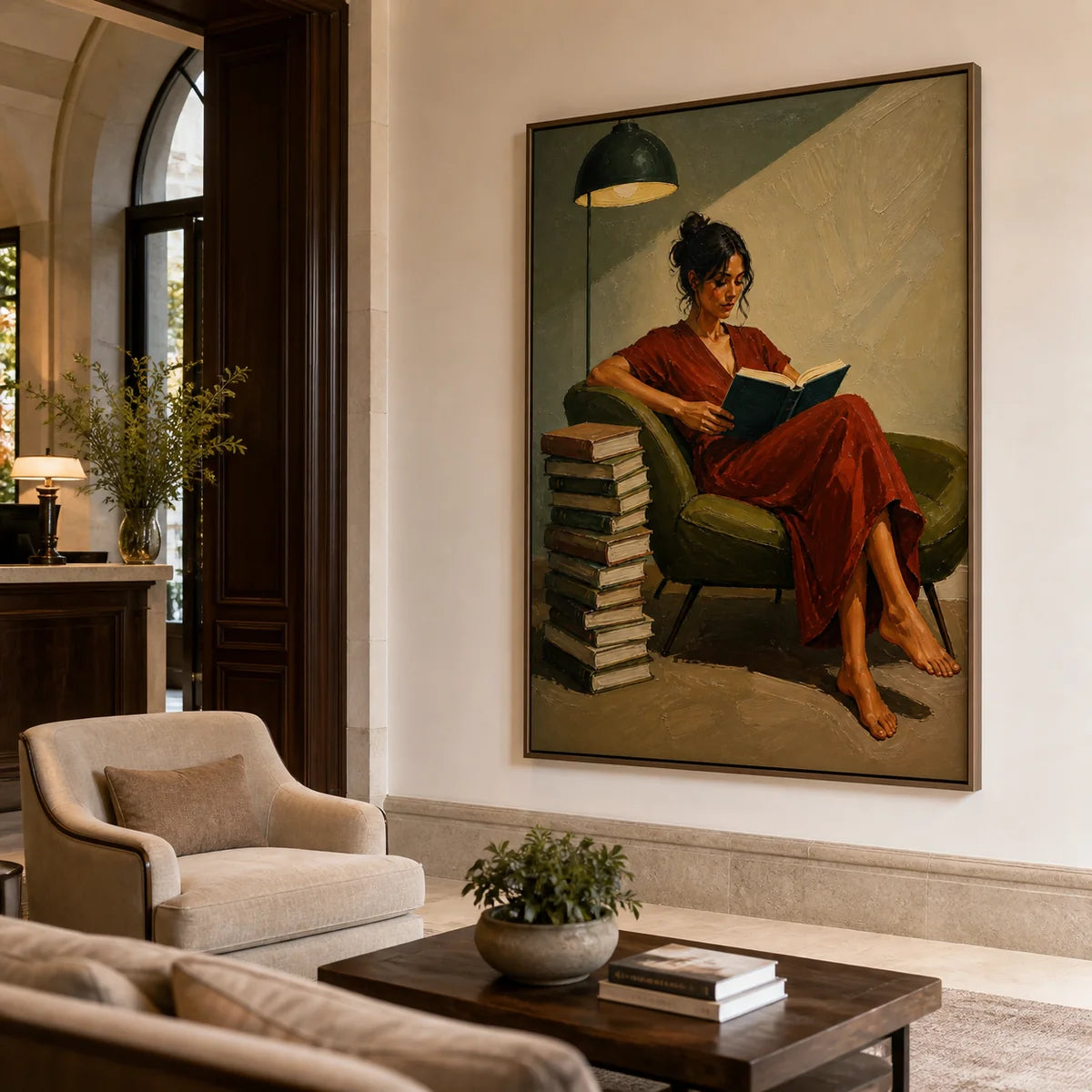 Textured Reading Woman in Red Wall Art