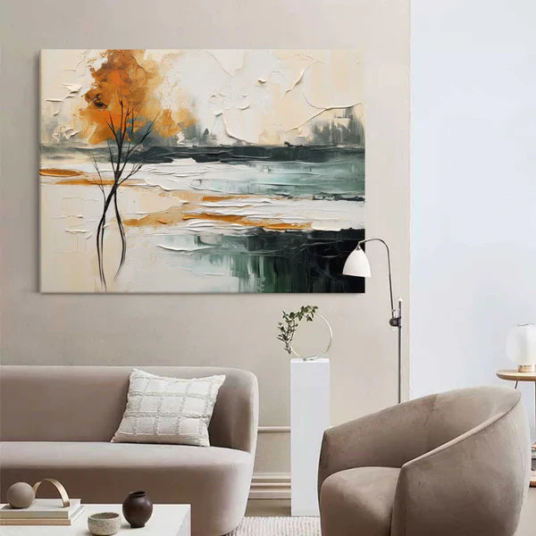 Abstract Landscape Tree Wall Art – Modern Textured Canvas Painting in Warm Tones