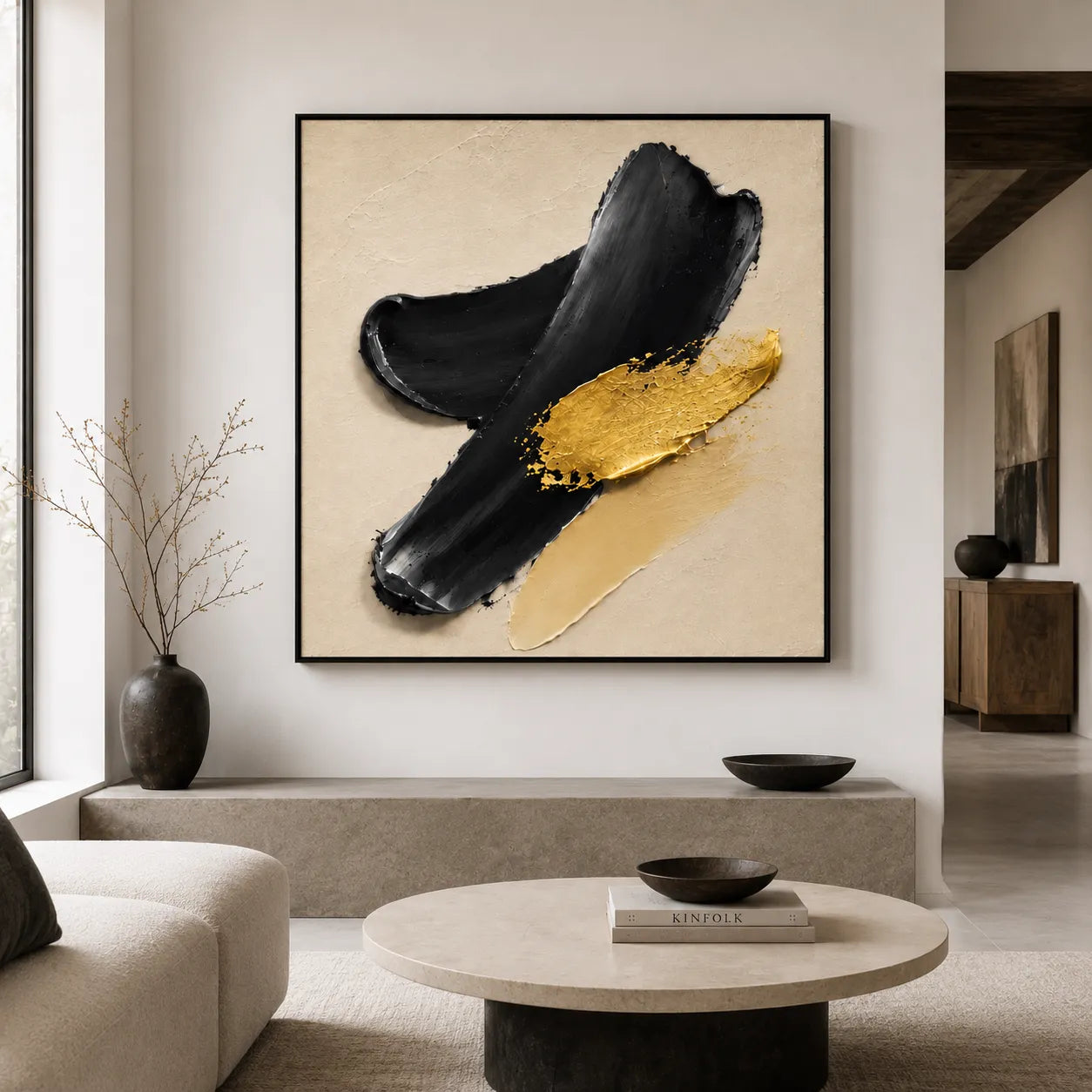 Plaster Textured Black Gold Sweep Wall Art