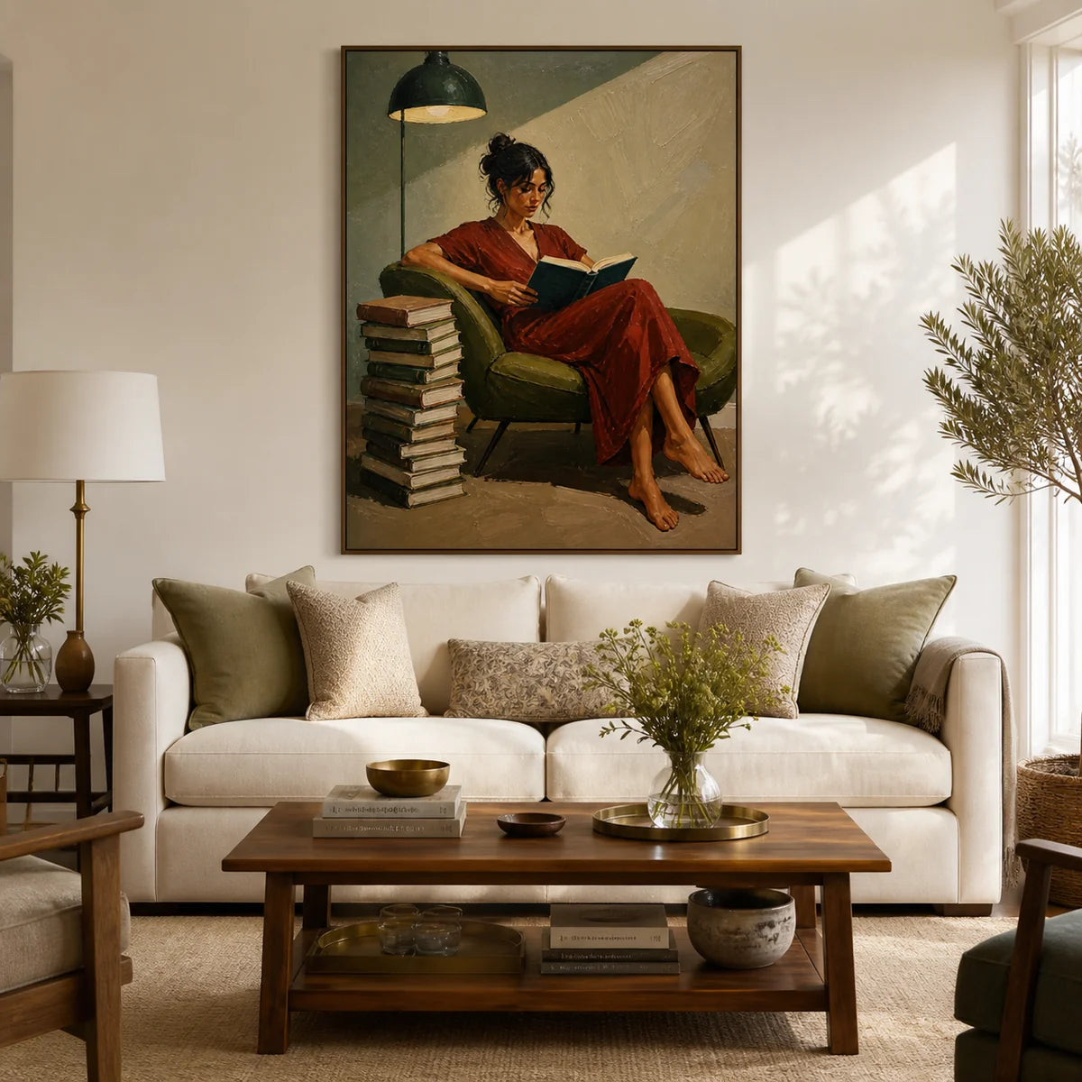 Textured Reading Woman in Red Wall Art
