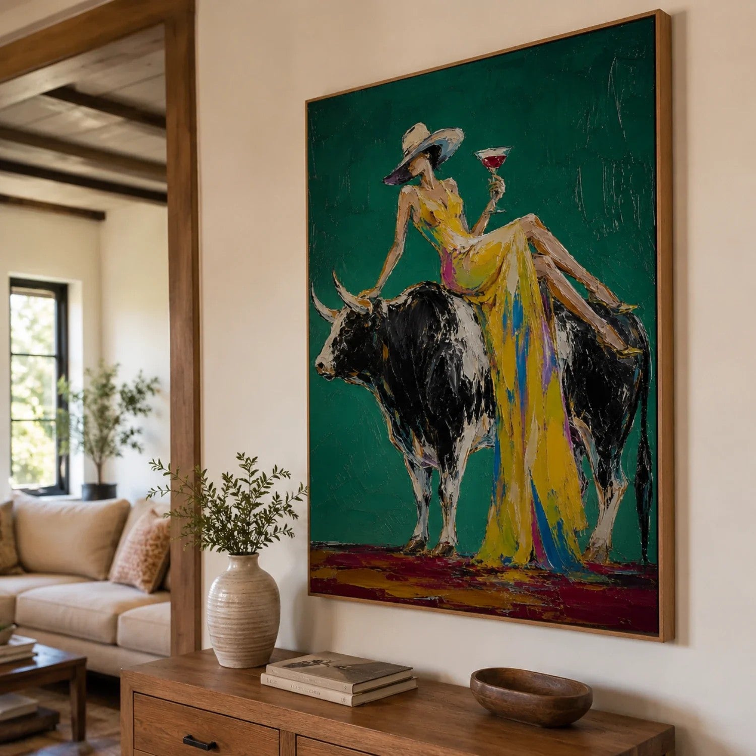 Woman Riding Bull on Emerald Wall Art