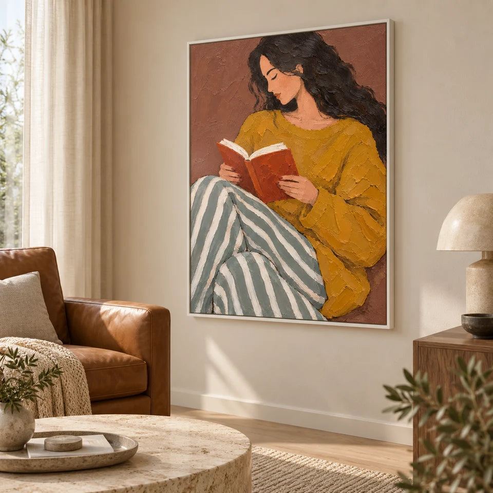 Textured Reading Woman in Stripes Wall Art