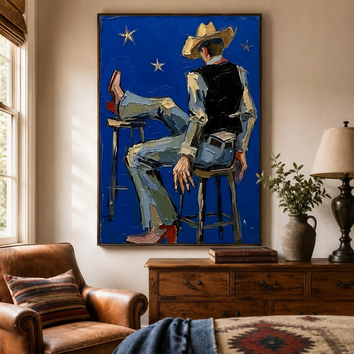 Impasto Cowboy on Blue Night Wall Art