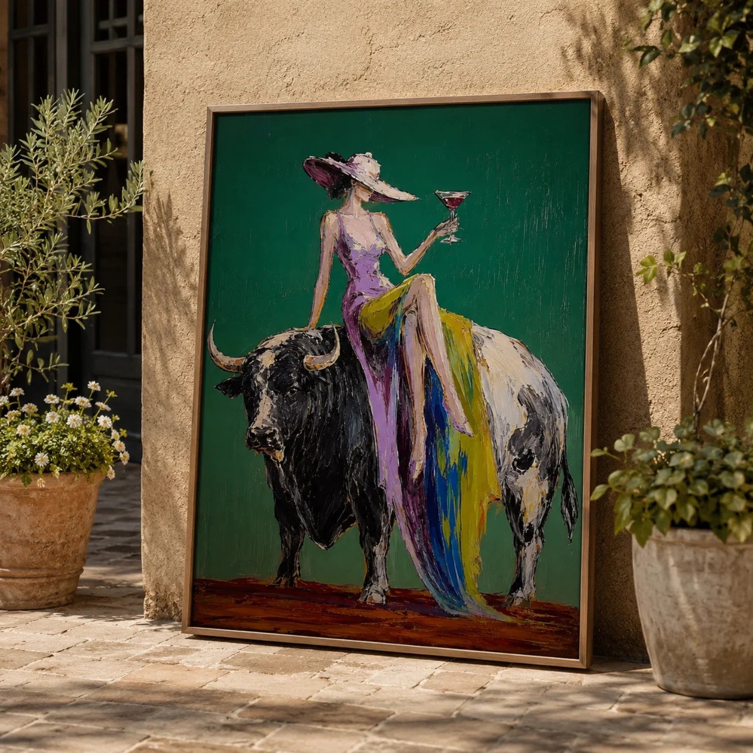 Woman Riding Bull on Emerald Wall Art