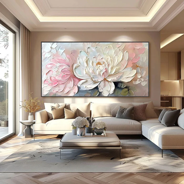 Blush Peony Wall Art – Large Abstract Floral Canvas Painting