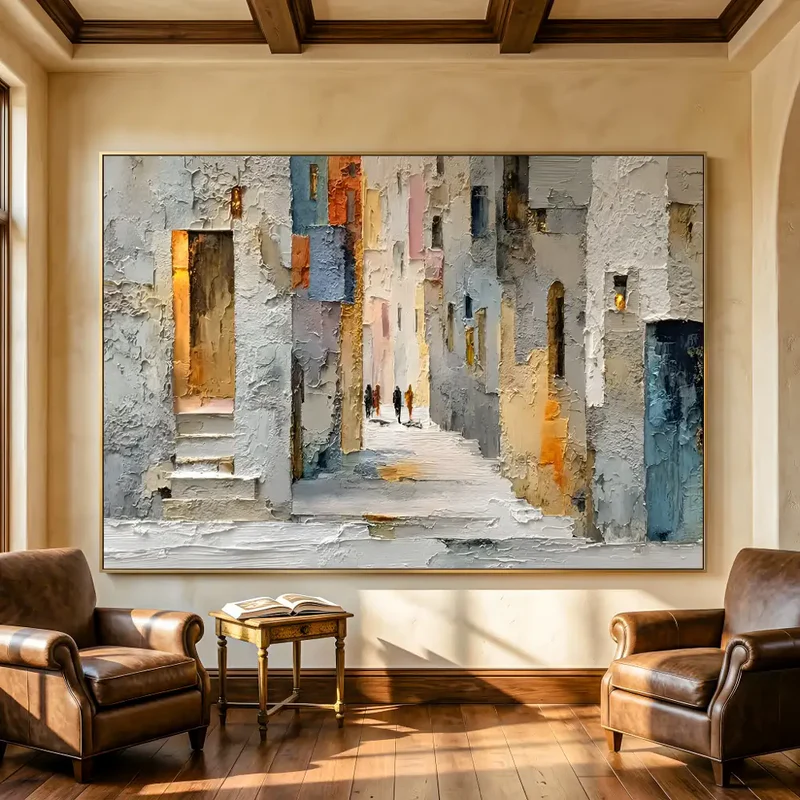 Abstract Street Wall Art – Textured European Town Canvas Painting
