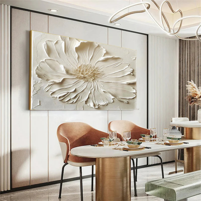 White Textured Flower Wall Art – Minimalist Relief Canvas