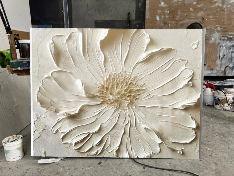 White Textured Flower Wall Art – Minimalist Relief Canvas