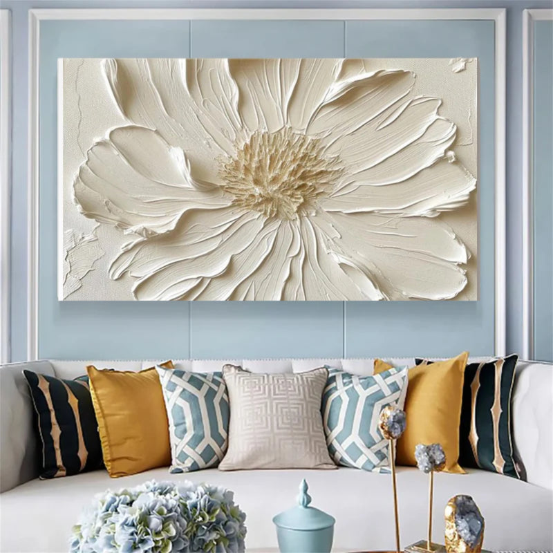 White Textured Flower Wall Art – Minimalist Relief Canvas