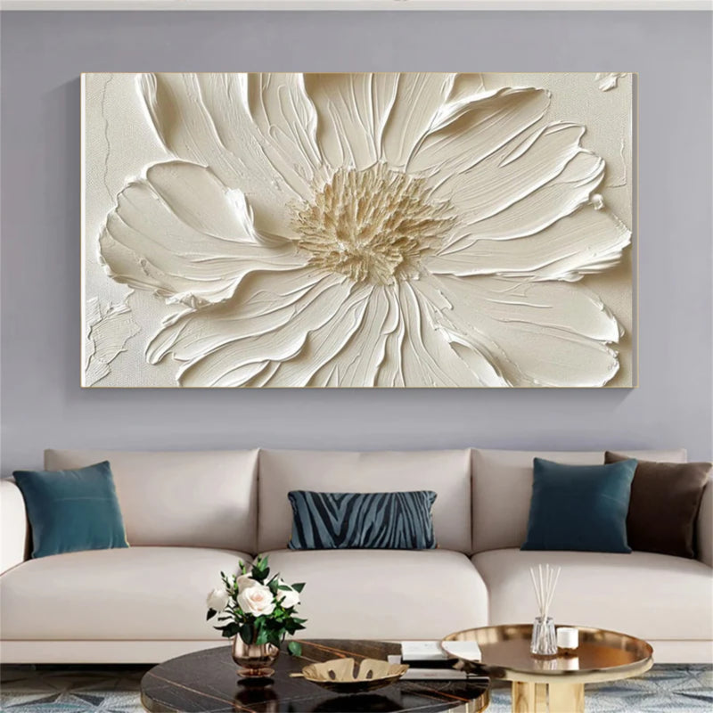 White Textured Flower Wall Art – Minimalist Relief Canvas