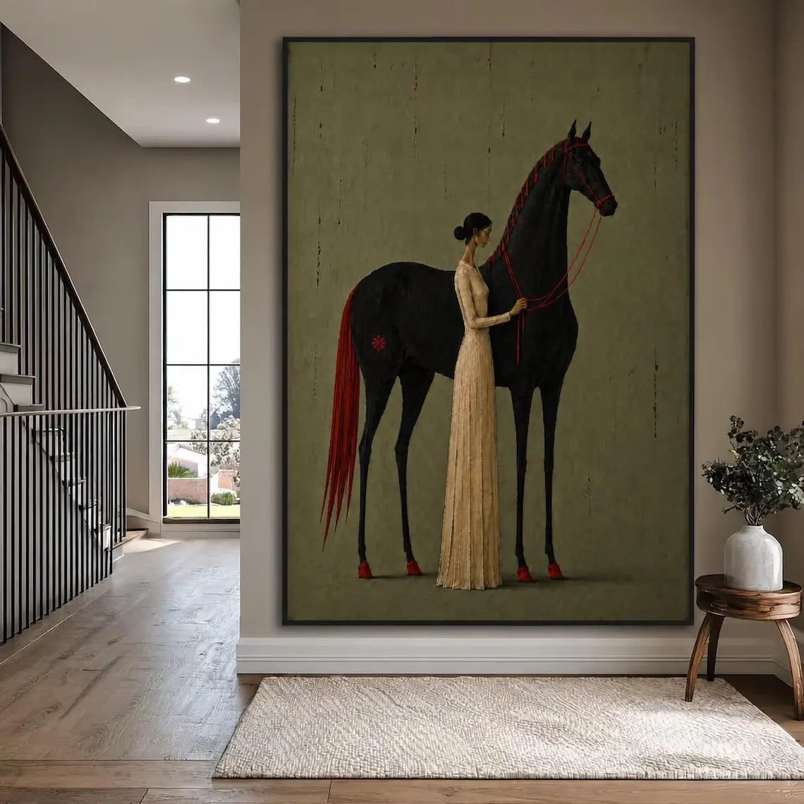 Minimalist Woman & Black Horse Wall Art