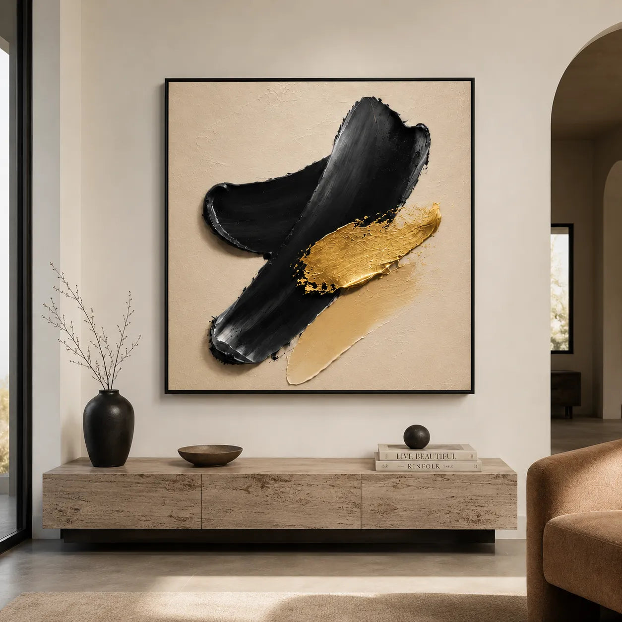Plaster Textured Black Gold Sweep Wall Art