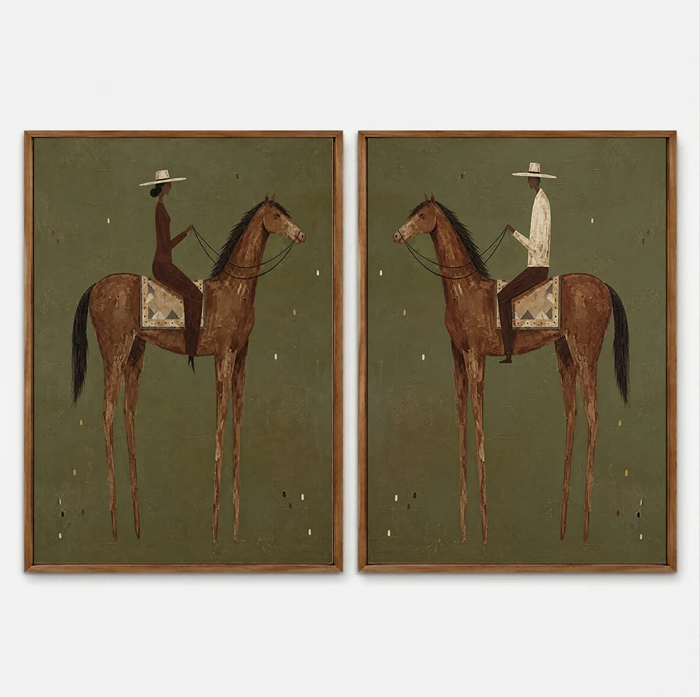 Geometric Brown Horse Riders Wall Art Set of 2