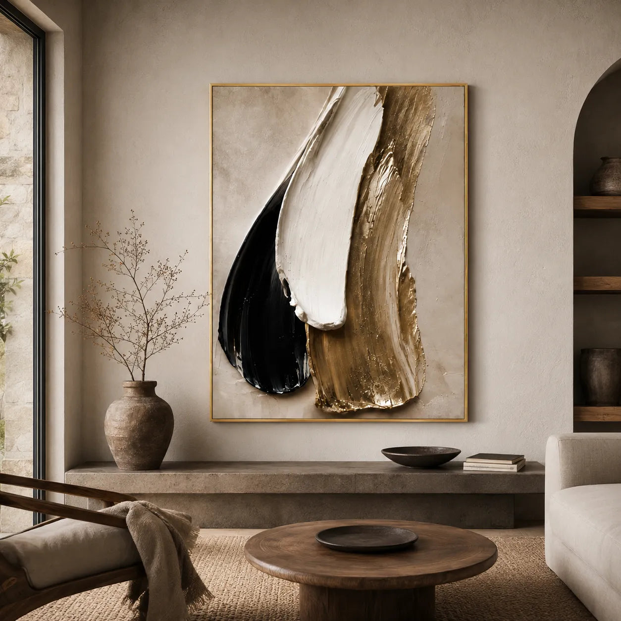 Plaster Textured Black Gold Column Wall Art