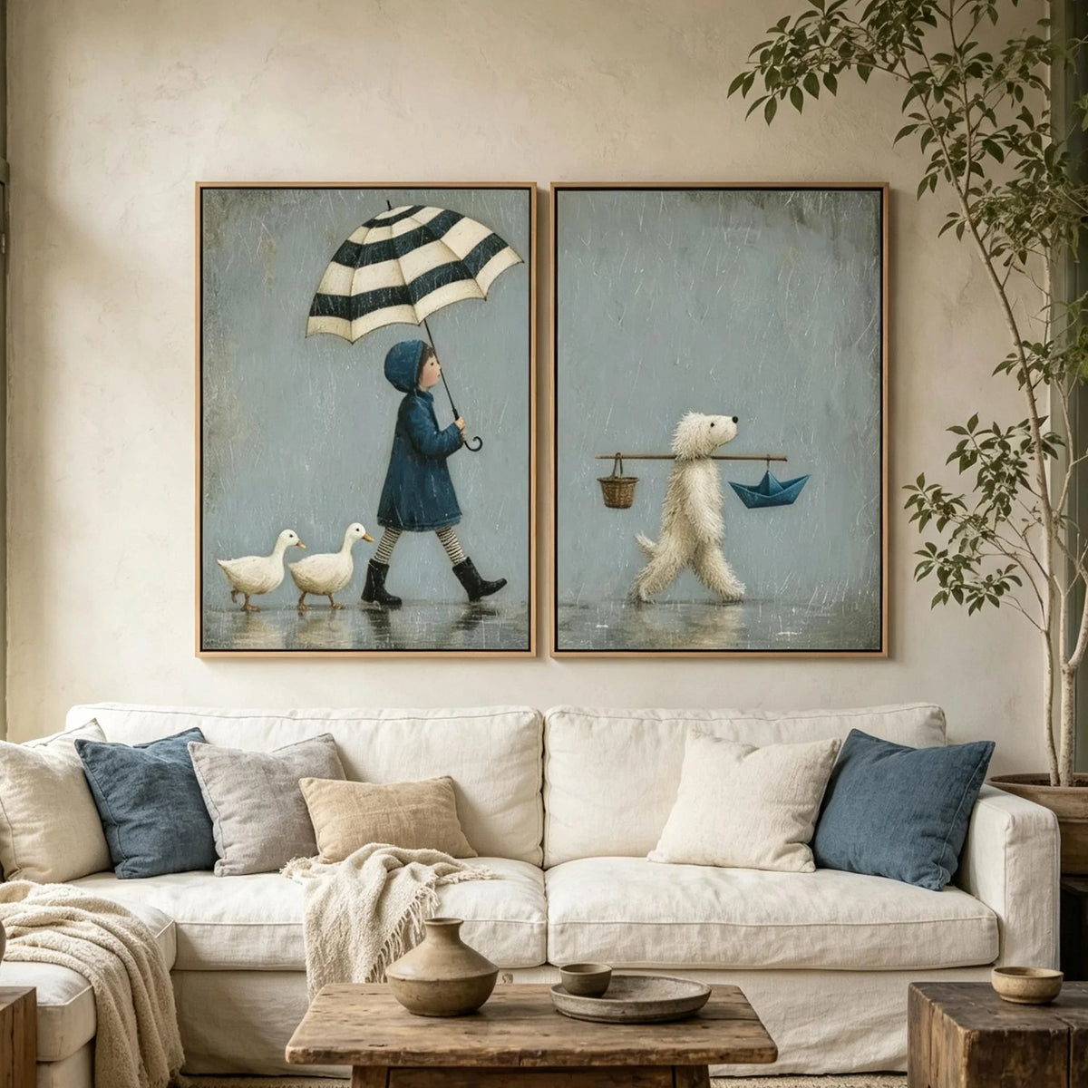 Textured Umbrella Girl & Dog Wall Art Set of 2