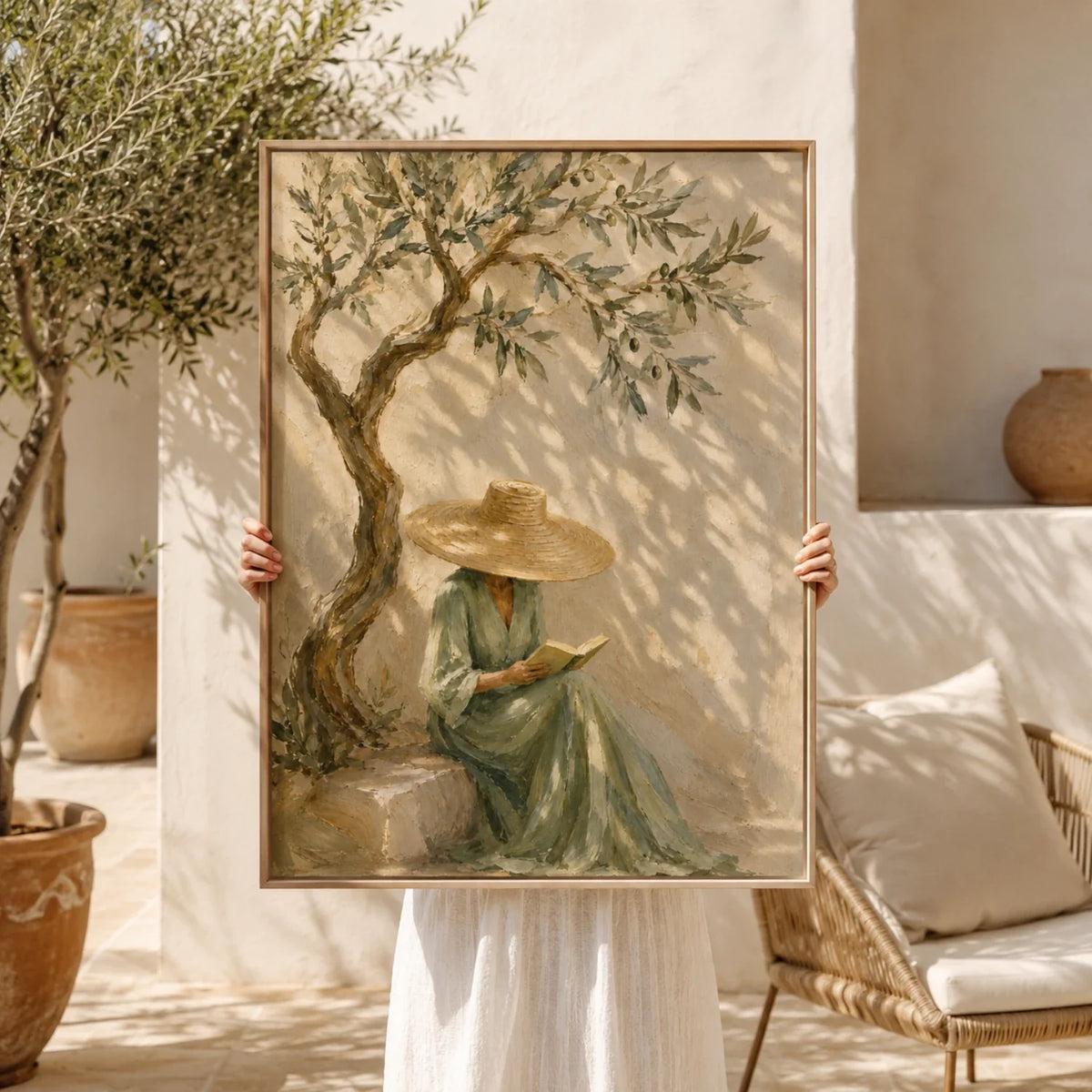Textured Reading Woman Under Olive Tree Wall Art