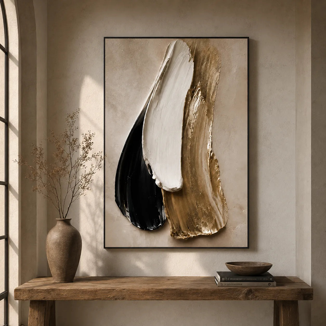 Plaster Textured Black Gold Column Wall Art