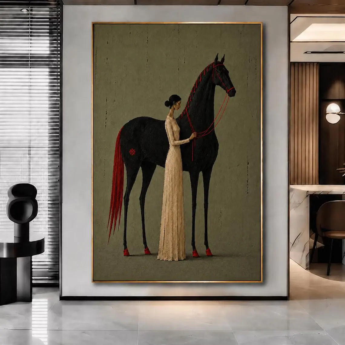 Minimalist Woman & Black Horse Wall Art