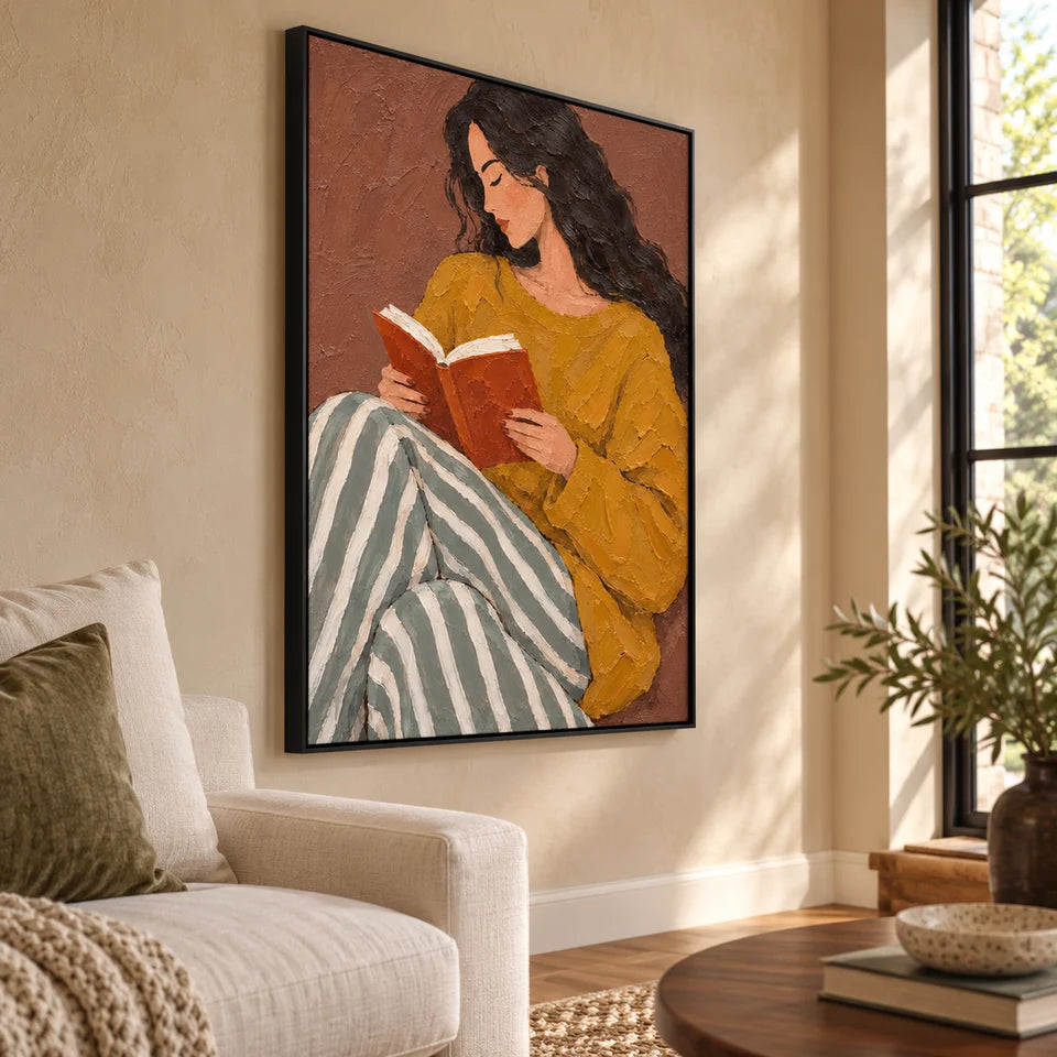 Textured Reading Woman in Stripes Wall Art