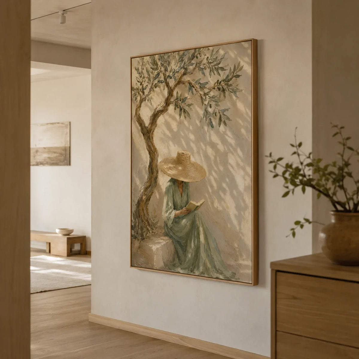 Textured Reading Woman Under Olive Tree Wall Art