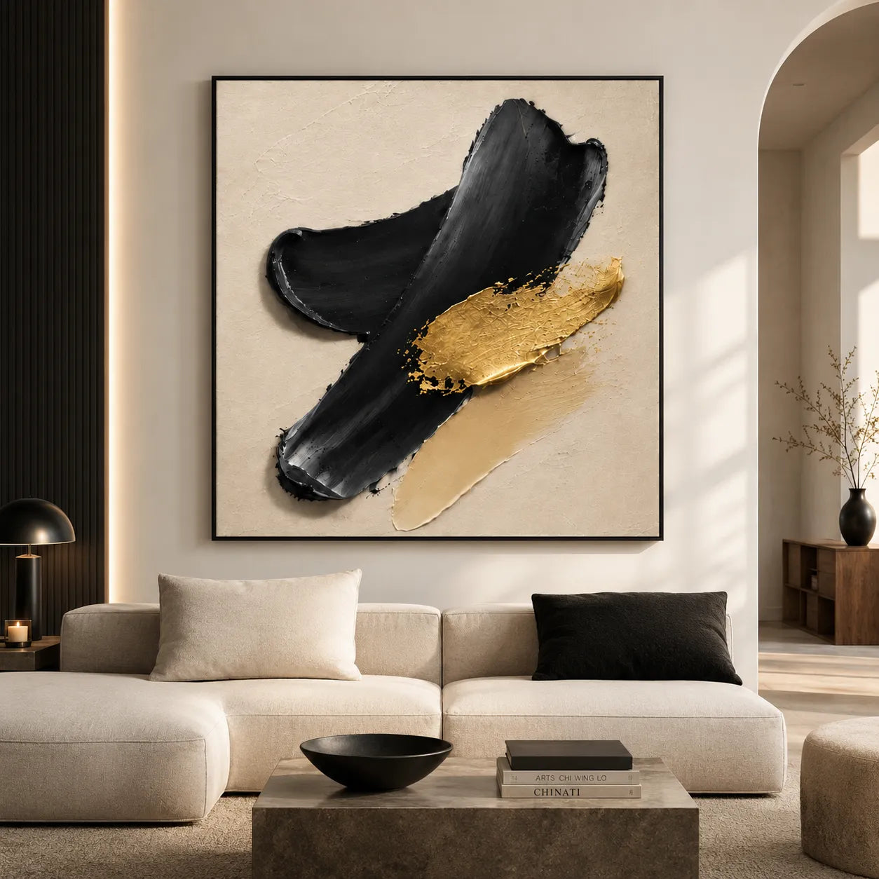 Plaster Textured Black Gold Sweep Wall Art
