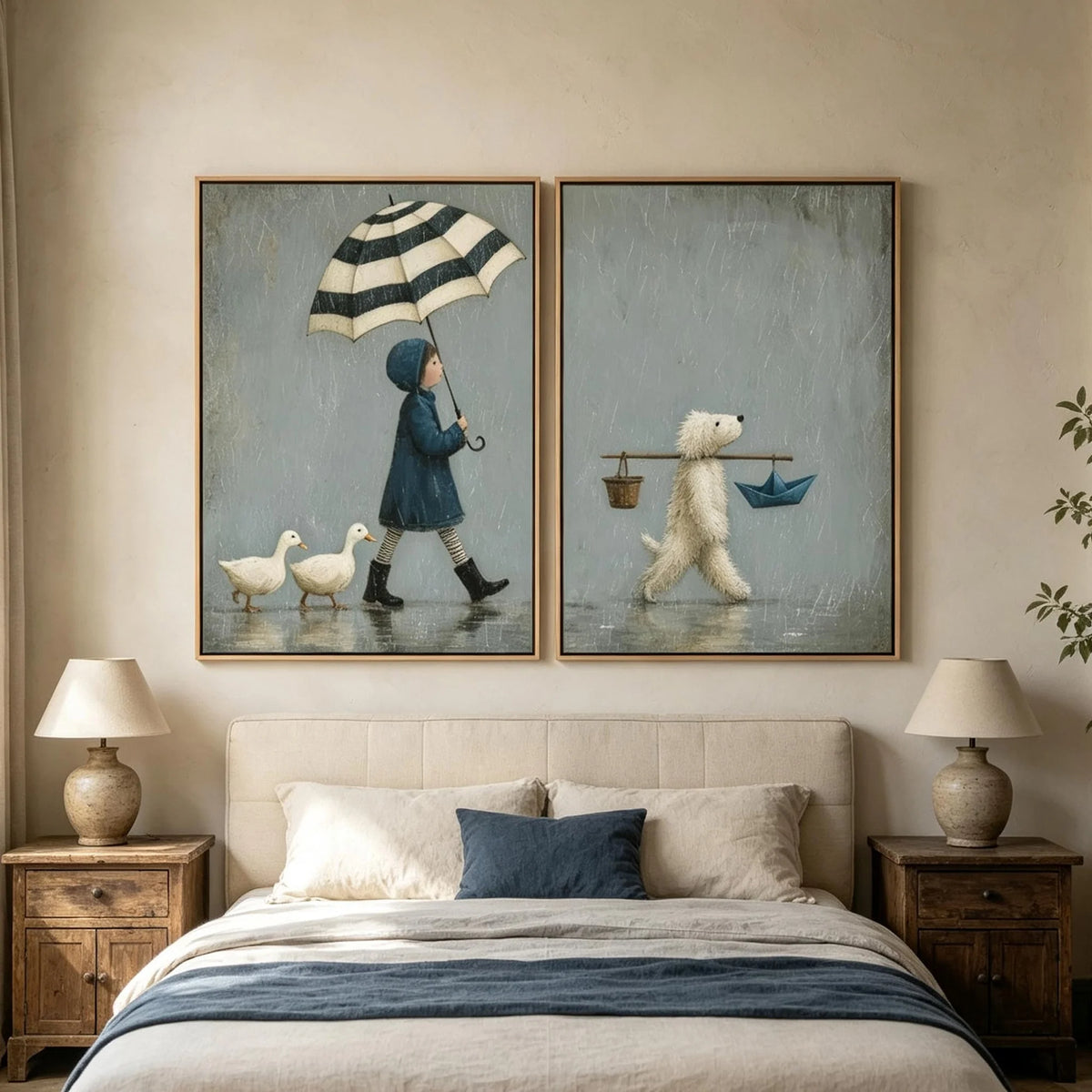 Textured Umbrella Girl & Dog Wall Art Set of 2
