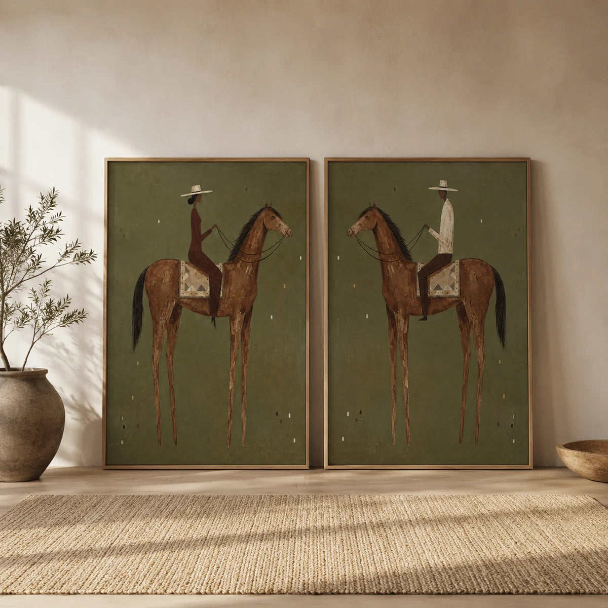 Geometric Brown Horse Riders Wall Art Set of 2