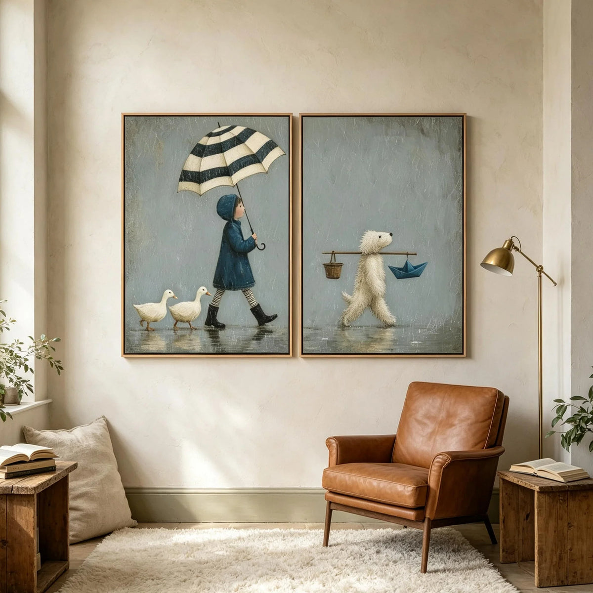 Textured Umbrella Girl & Dog Wall Art Set of 2