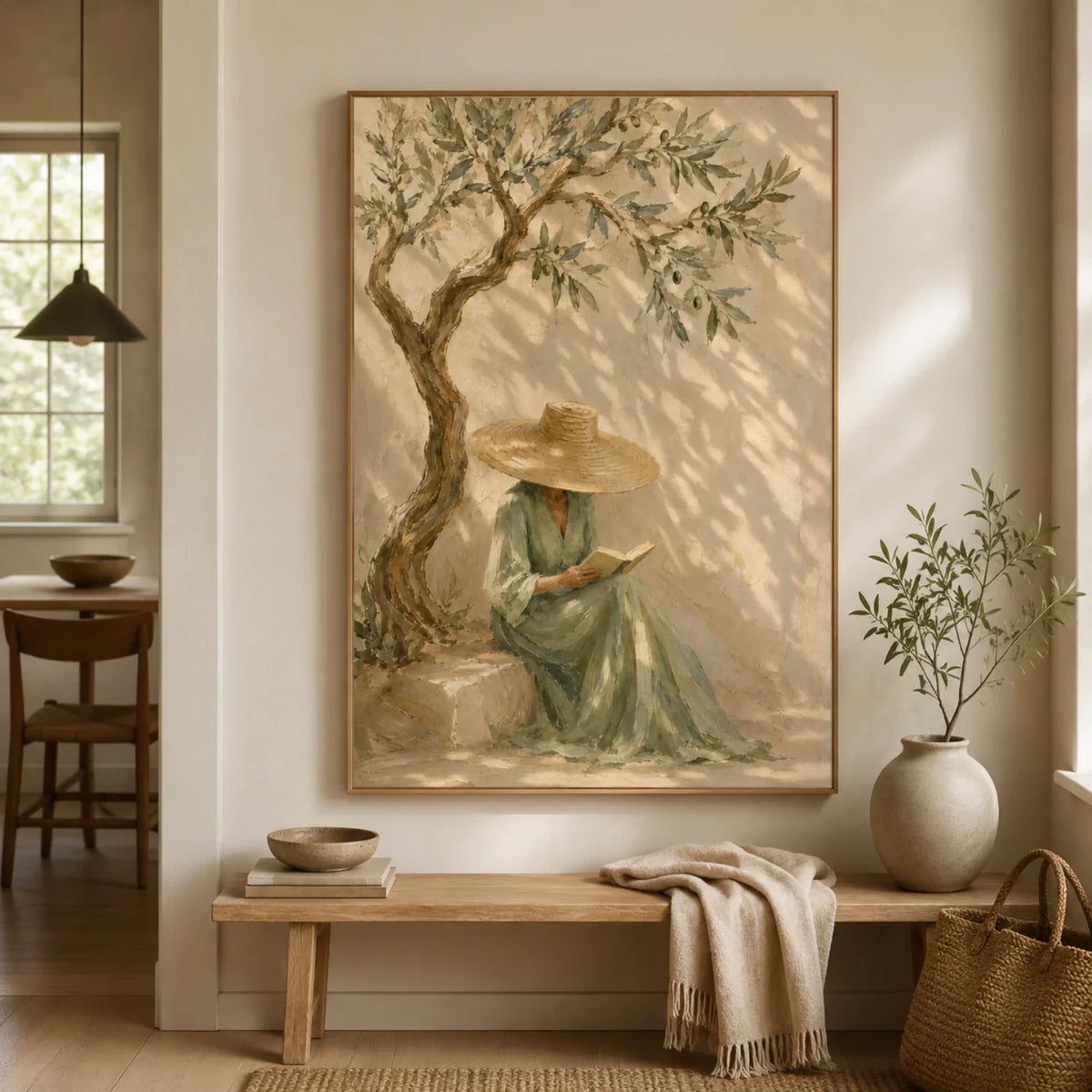 Textured Reading Woman Under Olive Tree Wall Art