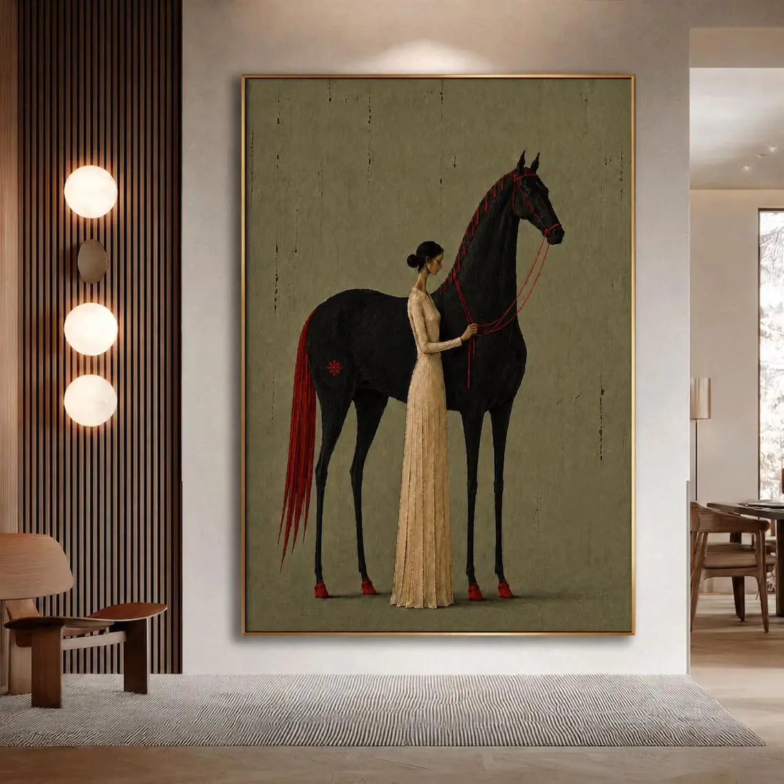 Minimalist Woman & Black Horse Wall Art