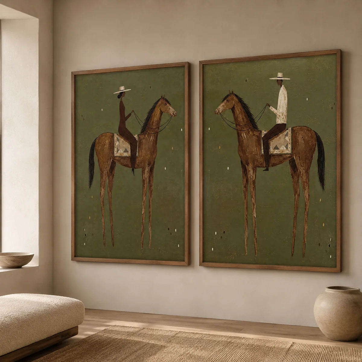 Geometric Brown Horse Riders Wall Art Set of 2