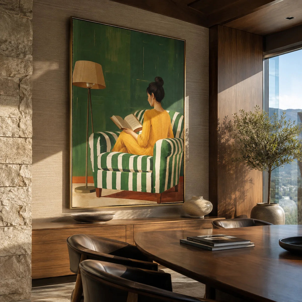 Textured Reading Woman on Green Wall Art
