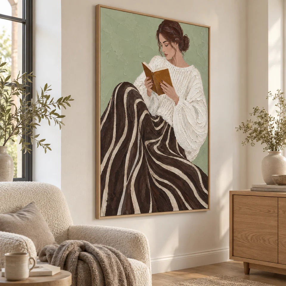Textured Reading Woman in Swirl Skirt Wall Art