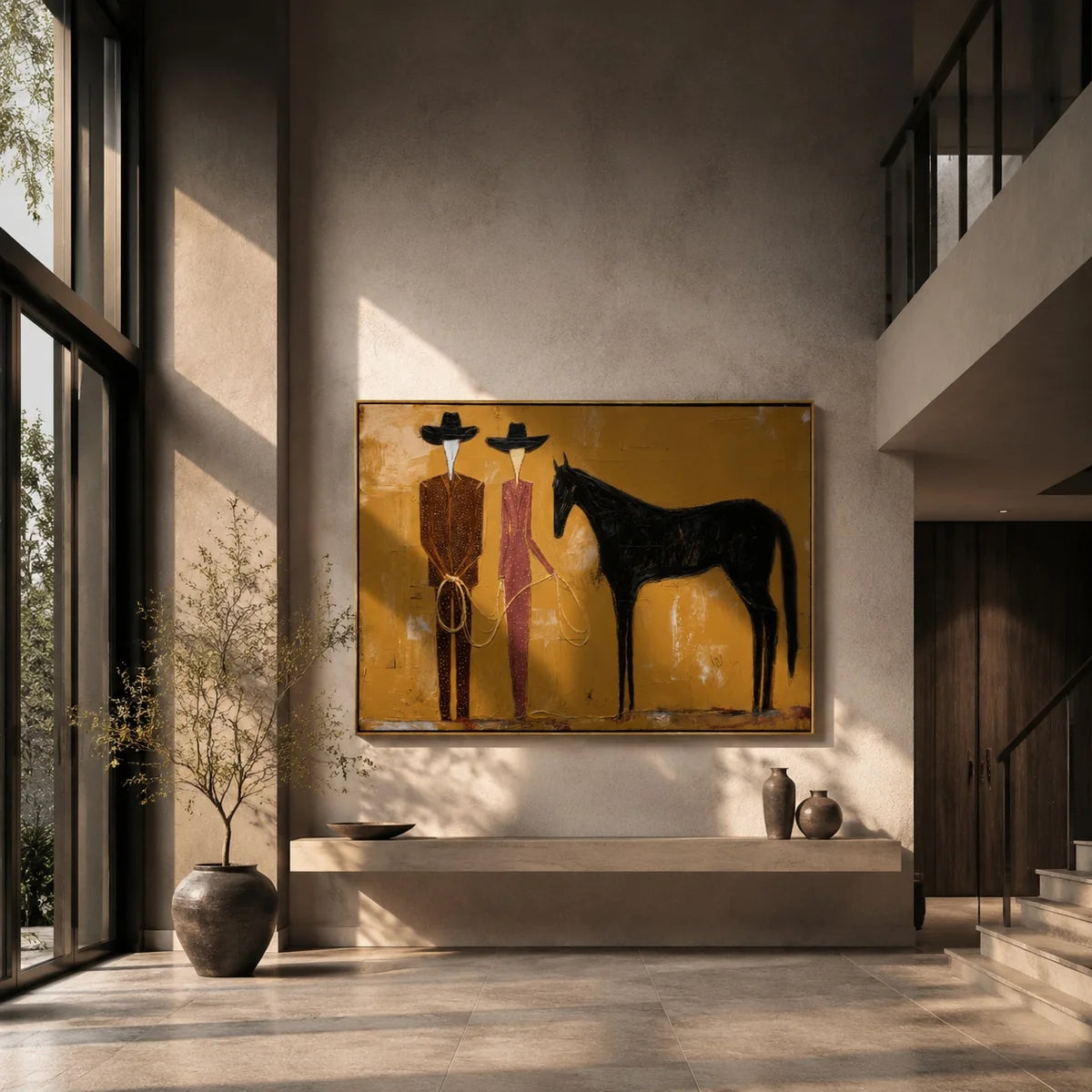 Textured Faceless Duo with Horse Wall Art