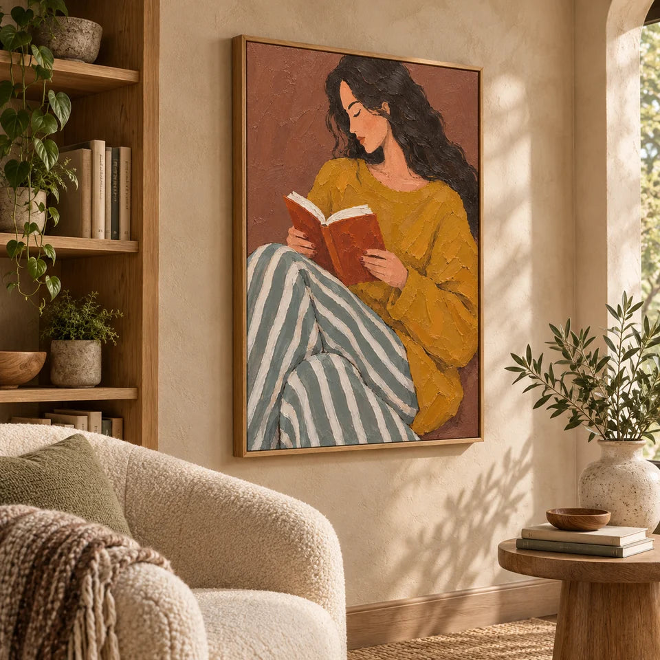 Textured Reading Woman in Stripes Wall Art