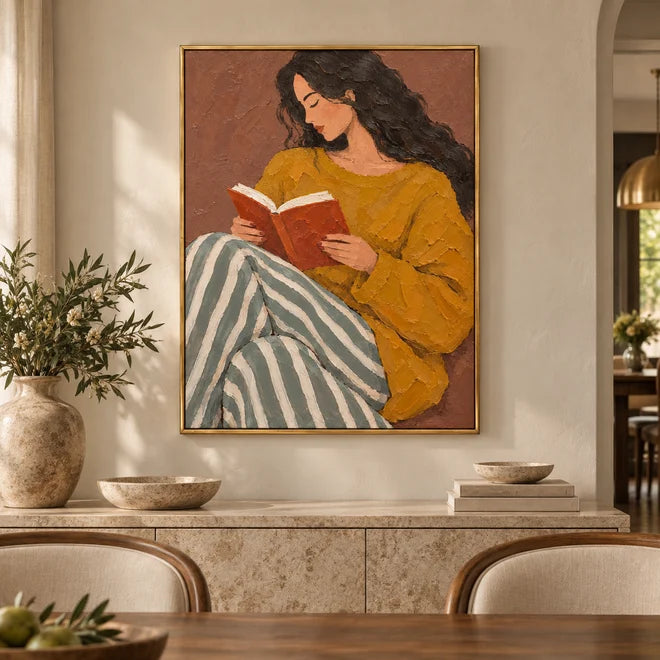 Textured Reading Woman in Stripes Wall Art