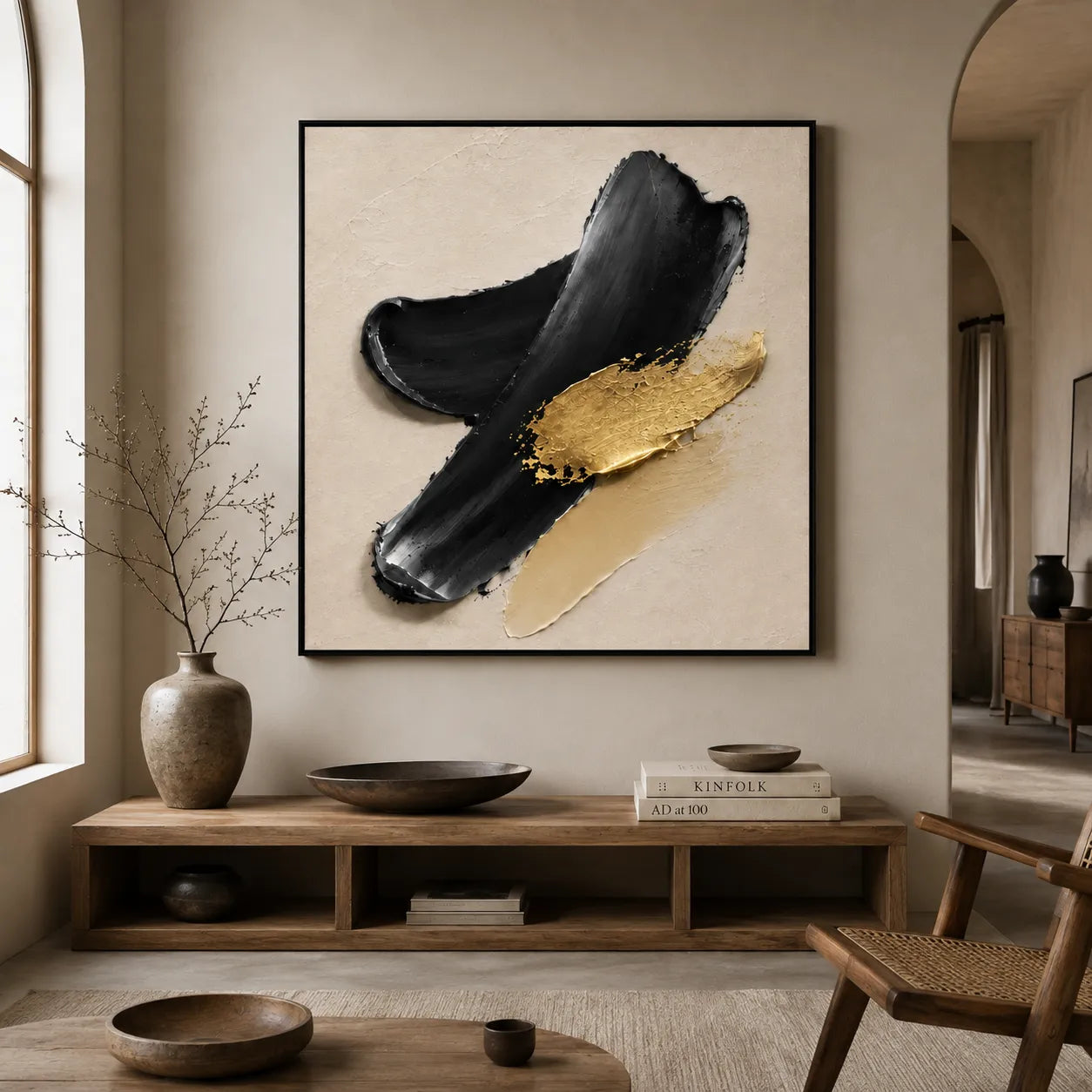 Plaster Textured Black Gold Sweep Wall Art