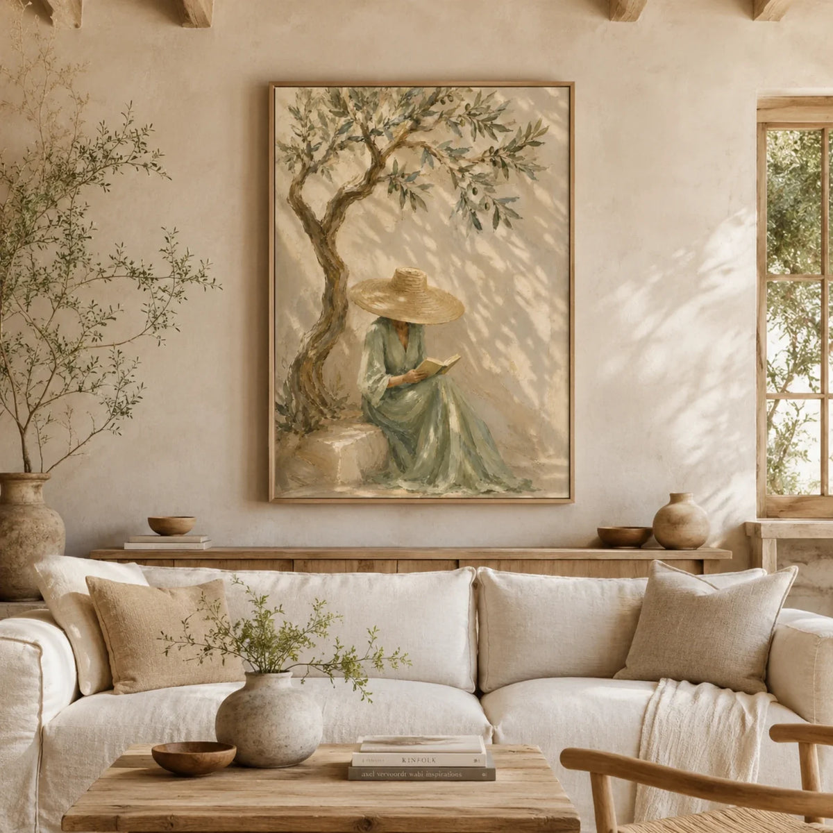 Textured Reading Woman Under Olive Tree Wall Art