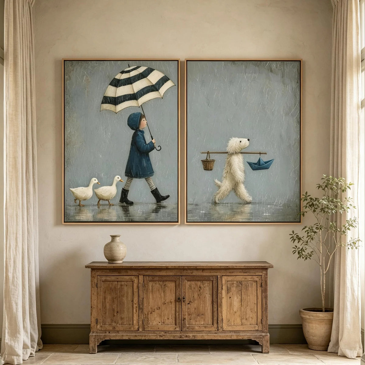 Textured Umbrella Girl & Dog Wall Art Set of 2