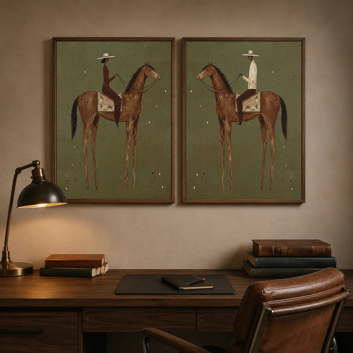 Geometric Brown Horse Riders Wall Art Set of 2