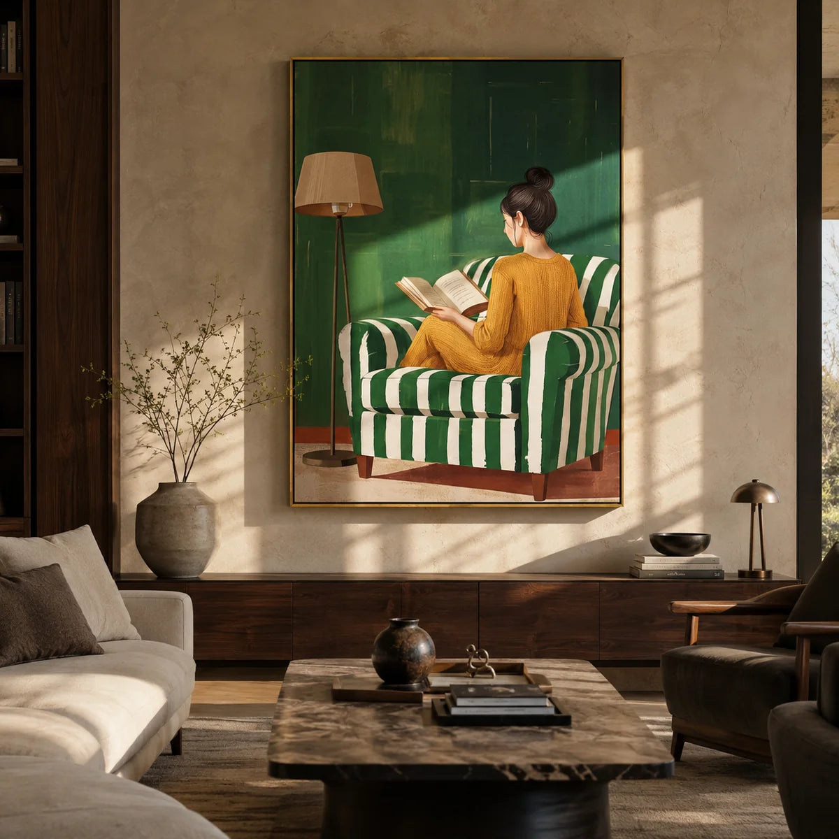 Textured Reading Woman on Green Wall Art
