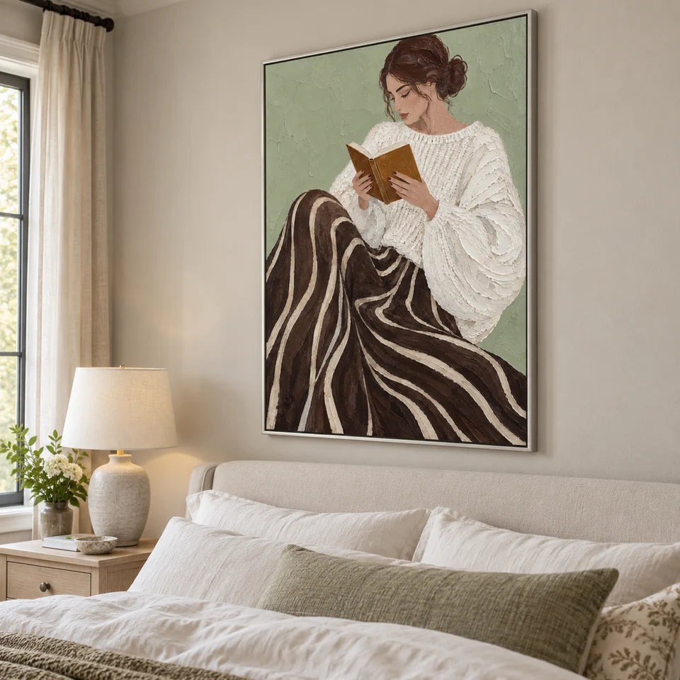 Textured Reading Woman in Swirl Skirt Wall Art