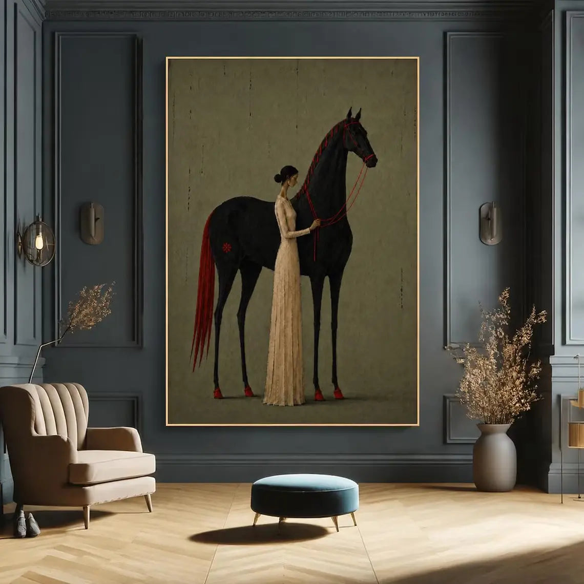 Minimalist Woman & Black Horse Wall Art